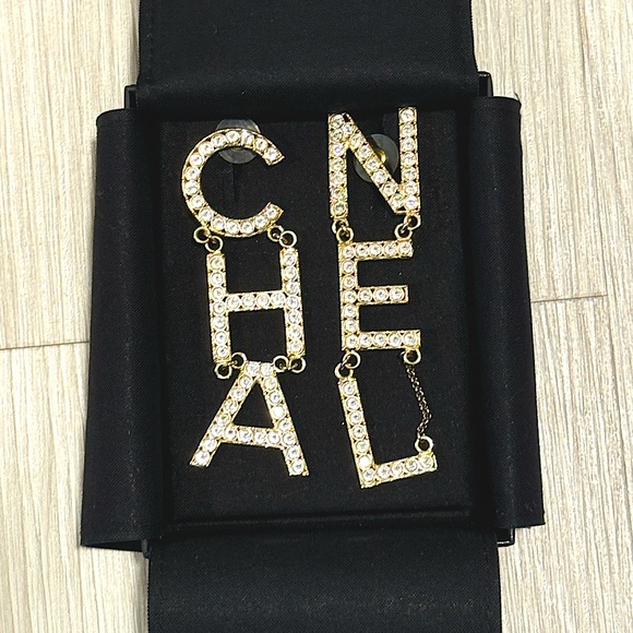Crystal Cha-Nel Logo Drop Earrings Gold - Picture 1 of 7